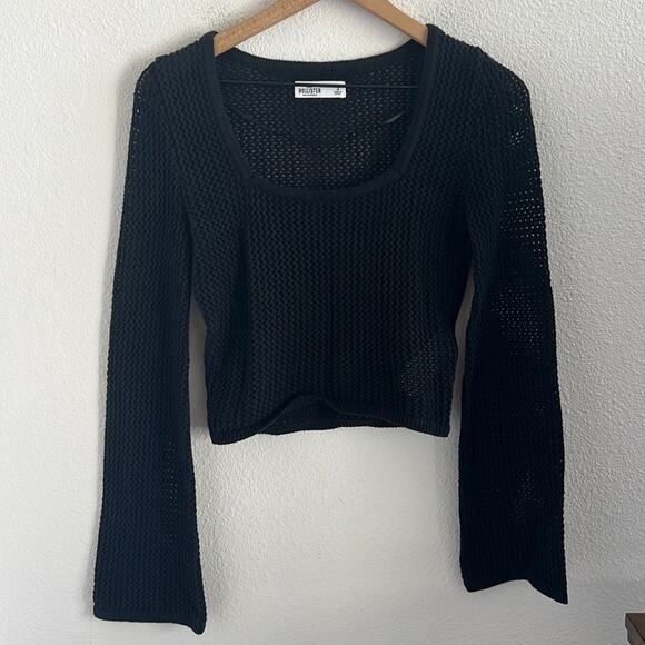 Hollister Black Open Knit Squared Neck Wide Sleeve Top Small - Picture 1 of 6